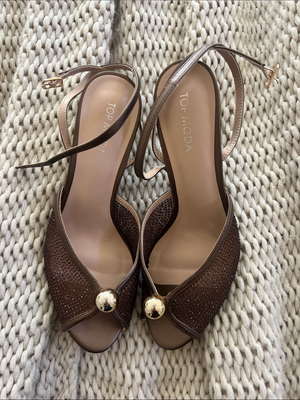 TOP Moda Brown Open-Toe Slingback Heels with Gold Accents
